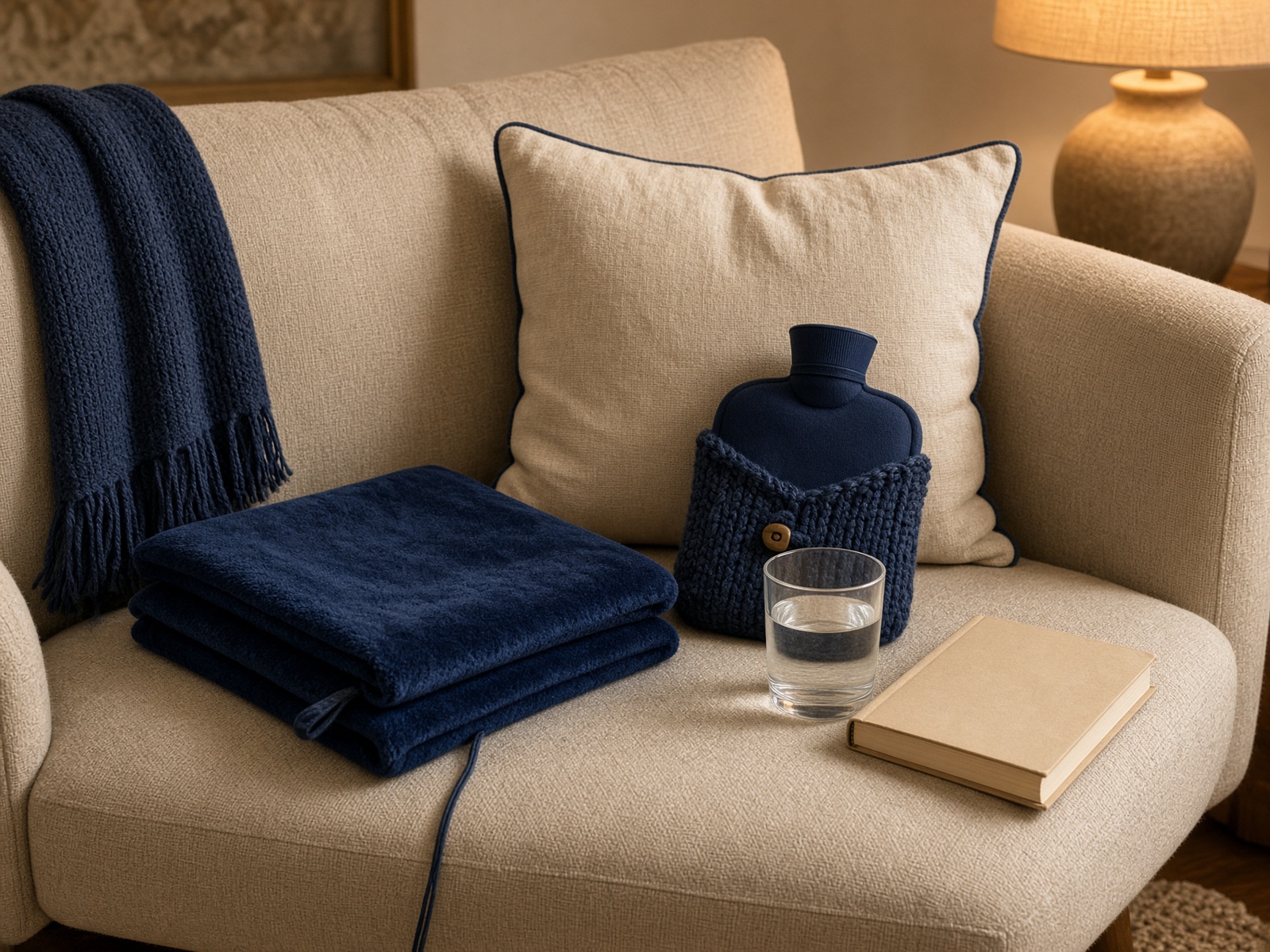 Heating pad and hot water bottle on a chair beside a glass of water