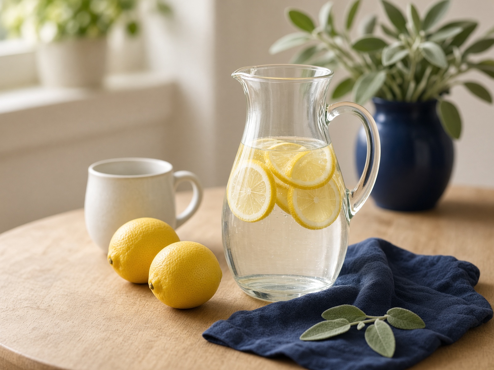 Glass pitcher of lemon water with whole lemons on a wooden table